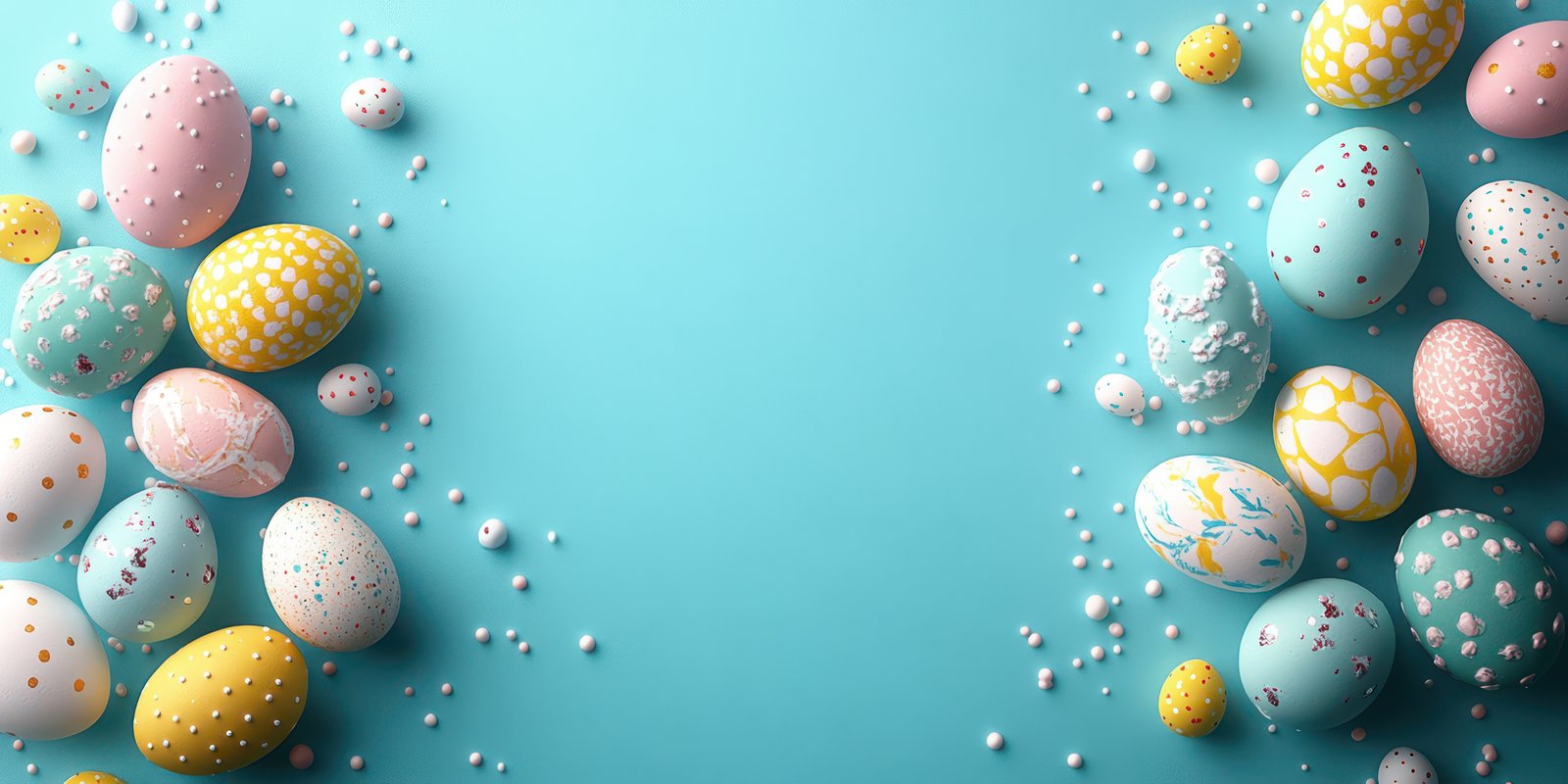 Colorful Easter eggs arranged creatively on a turquoise background for festive celebration
